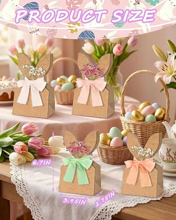 Easter Bunny Kraft Gift Bags, 24 Set Boho Bow Easter Bunny Treat Bags, DIY Kraft Paper Goodie Treat Bag with Boho Bow for Party Favors, Gift Packaging, School, Church, Office