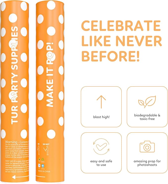 Orange Powder Cannons Smoke Bombs Biodegradable Poppers | 2 Pack | Launch up to 25 ft | 12 inch | Decorations For Photoshoots, Gender Reveal, Celebrations, Festivals, and Parties | TUR Party Supplies