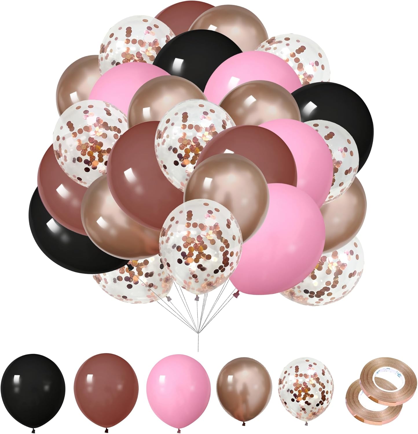 62Pcs 12Inch Black Rose Gold Pink Balloons Kit, Vintage Pale Pink Black Rose Gold Confetti Party Balloons with Ribbons for Birthday, Wedding, Baby Shower, Graduation Decorations