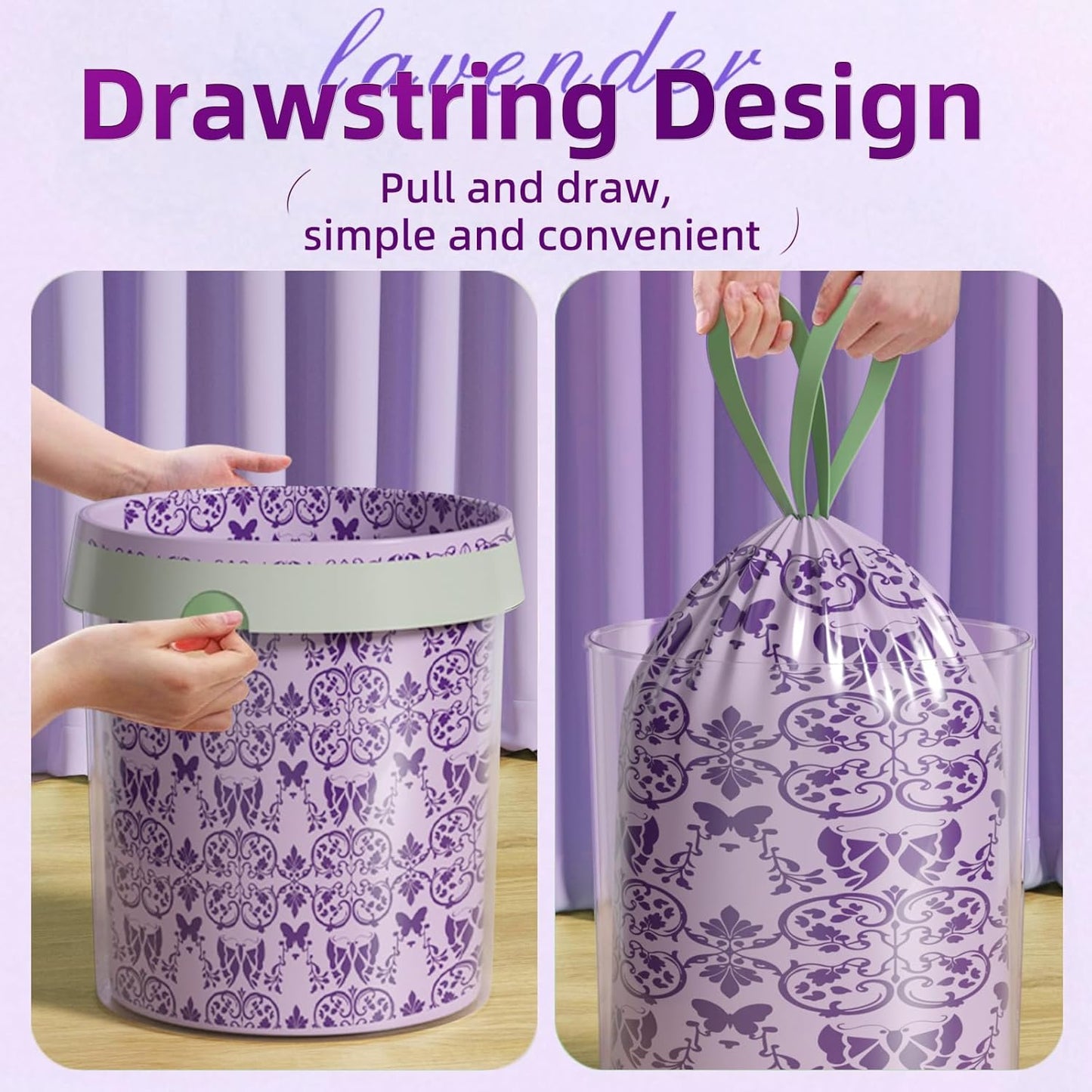 4 Gallon Small Trash Bags Drawstring,4 Gal Trash Can Liners,Small Bathroom Garbage Bags Scented,Tear Resistant Garbage Bags,50 Count Trash-Can-Liners (Lavender)