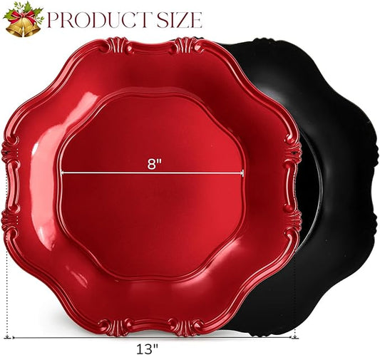 ZOOFOX Set of 12 Red Charger Plates, 13" Metallic Scalloped Charger for Dinner Plate, Decorative Service Plates for Christmas Tabletop Holiday Wedding Catering Event Decor