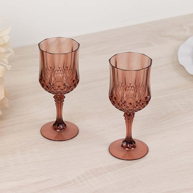 Efavormart 6-Pack Plastic Wine Glasses 8oz, Dusty Rose - Crystal Cut Shatterproof Cocktail Goblets Drinking Glasses