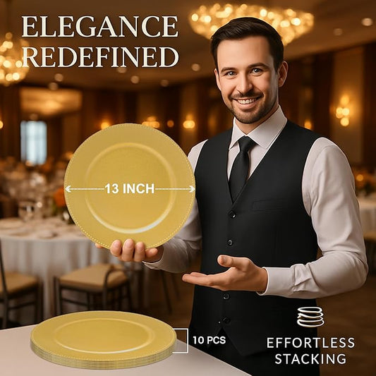 JEVERGN 10 Pack Gold Charger Plates, 13" Beaded Chargers for Dinner Plates, Gold Plate Chargers Set of 10, Round Plastic Charger for Wedding, Party Event, Dinner, Table Setting