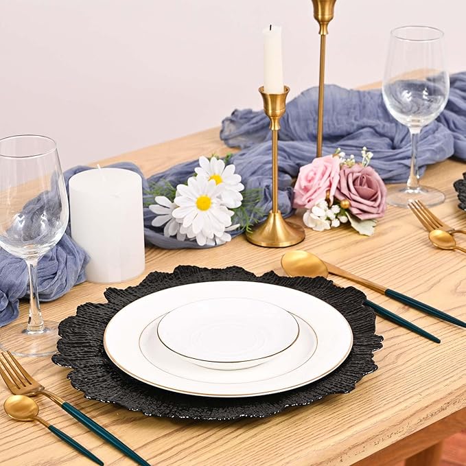 Pesonlook 100Pcs Black Charger Plates Round 13inch, Reef Plate Chargers for Dinner, Bulk Plastic Floral Table Charger Plates for Dinner Wedding Party Event Table Setting Decoration(Black)