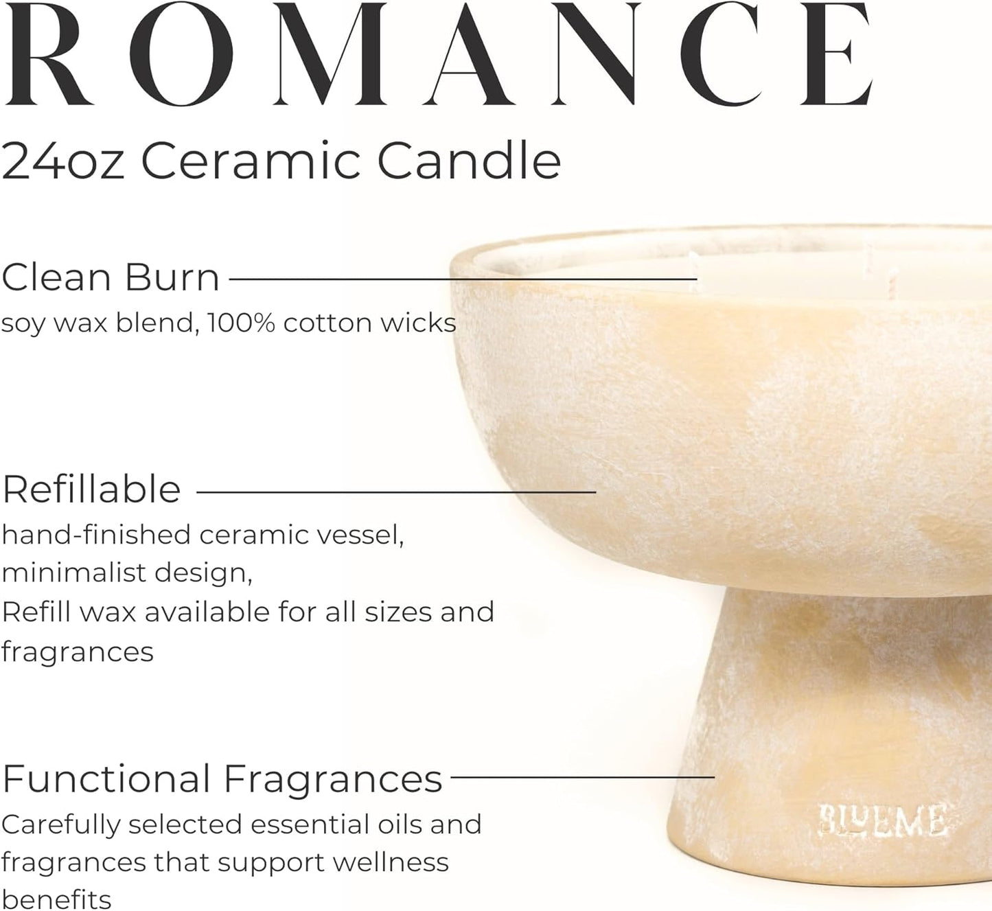 BLUEME Romance - Oakmoss & Sandalwood, Luxury Candle w/Essential Oils, 5 Wick, Hand-Poured Soy, Cotton Wick, Ceramic