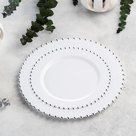 PLASTICPRO 128 Piece Combo Plastic Dinner Plates Disposable Plastic Fancy Heavy Duty Party Dishes 7 inch and 10 inch, White and Silver Beaded