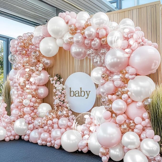 Pearl Pink Balloon Arch Double Stuffed Pastel Light Baby Pink Balloon Garland Different Sizes With Clear Balloons for Birthday Wedding Valentines Day Bridal Baby Shower Engagement Party Decor