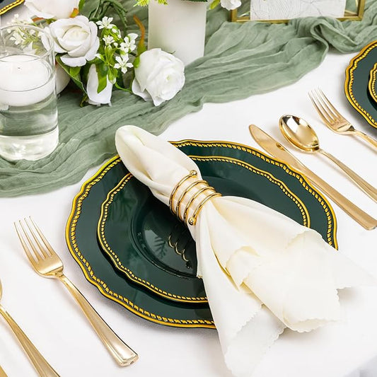 Hioasis 60pcs Green Plastic Plates - Green and Gold Disposable Dinnerware with Gold Rim, Heavy-duty, 10.25 inch, Dinner Plates for Party & Wedding