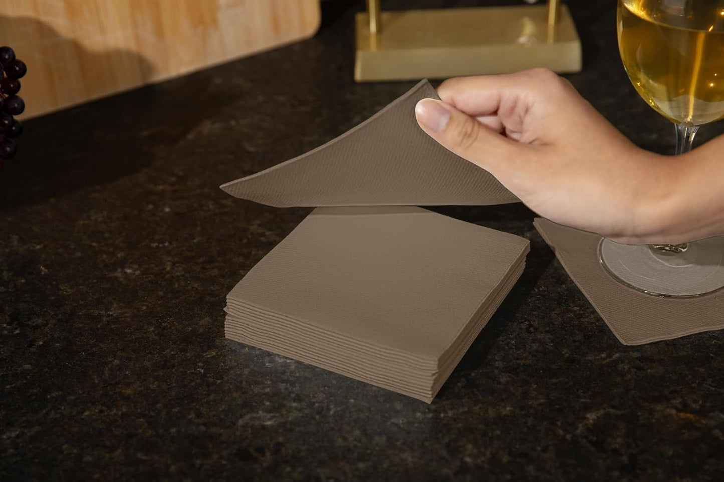 AH AMERICAN HOMESTEAD Paper Cocktail Napkins - Linen-Like Disposable Beverage Bar Napkins 4.75" x 4.75" - Bulk Square Napkins - Ideal for Party or Wedding (Light Brown -100 Count)