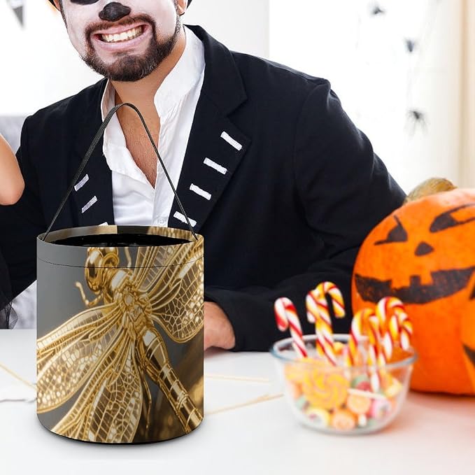 Halloween Candy Bucket - Gold Exquisite Dragonfly Trick Or Treat Candy Bag, Gift Bag for Party Favor Supplies