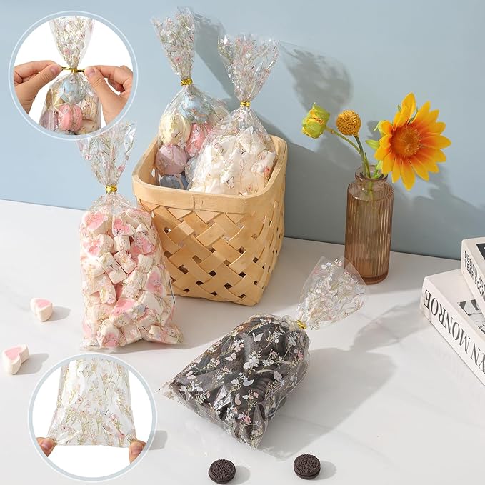 CEMECER 100PCS Wildflower Cellophane Treat Bags, Floral Candy Cookie Packing Plastic Clear Goody Bags Dercor for Baby Shower, Wedding, Birthday Party Decorations Supplies Favors.(11 x 5 Inches)