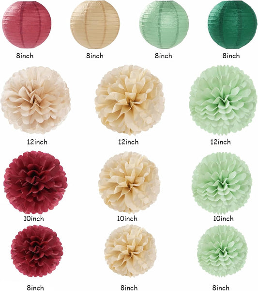 Sage-Olive Green Burgundy-Champagne Boho Party-Decorations - 20pcs Birthday Paper Lanterns Fans,Tissue Pom Poms,Honeycomb Balls,Bunting,Christmas Bridal Baby Shower Wedding Engagement Decor Burgleda
