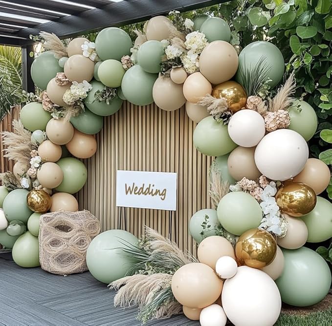 Dusty Green White Gold Balloon Garland Double Stuffed Light Sage Green White Sand Beige Balloon Arch Kit Olive Cream Metallic Balloons for Baby Bridal Shower Birthday Wedding Wild One Party Decor