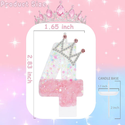 Pink White Number 4 Candle, Glitter Crown Cake Topper, Princess Birthday Party Decorations for Girls and Women Anniversary Celebrations Party Favors