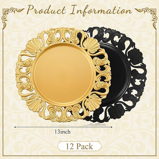 12 Pcs Vintage Gold Charger Plates Bulk 13 Inch Embossed Rim Plastic Round Decorative Plates Charger for Dinner Wedding Party Event Table Setting Decoration (Hollowed out Shell)