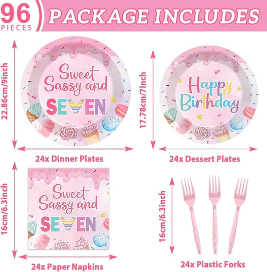 96 PCS Donut 7th Party Plates and Napkins CHristmas Donuts Party Tableware Supplies Sweet Sassy Seven Year Old Plates Napkins Decors Donuts Decorations for Kids Birthday Gatherings Decorations