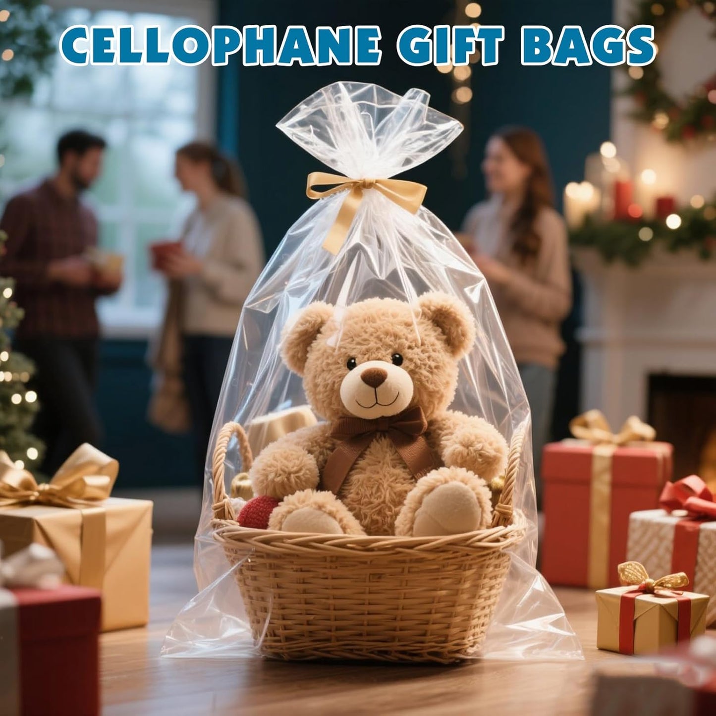 NUITPY 40 Pcs Cellophane Bags, 16 x 24 Inchs Cellophane Wrap for Gift Baskets, Durable Cellophane Gift Bag, Clear Basket Bag - Complimentary 40 Pcs Golden Twist Ties