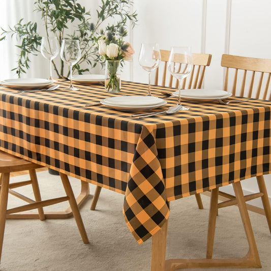 maxmill Checkered Rectangle Tablecloth Water Resistance Wrinkle Free Spillproof Heavy Weight Gingham Plaid Table Cloth for Buffet Banquet Parties Event Holiday Dinner, 60 x 84 Inch, Black and Orange