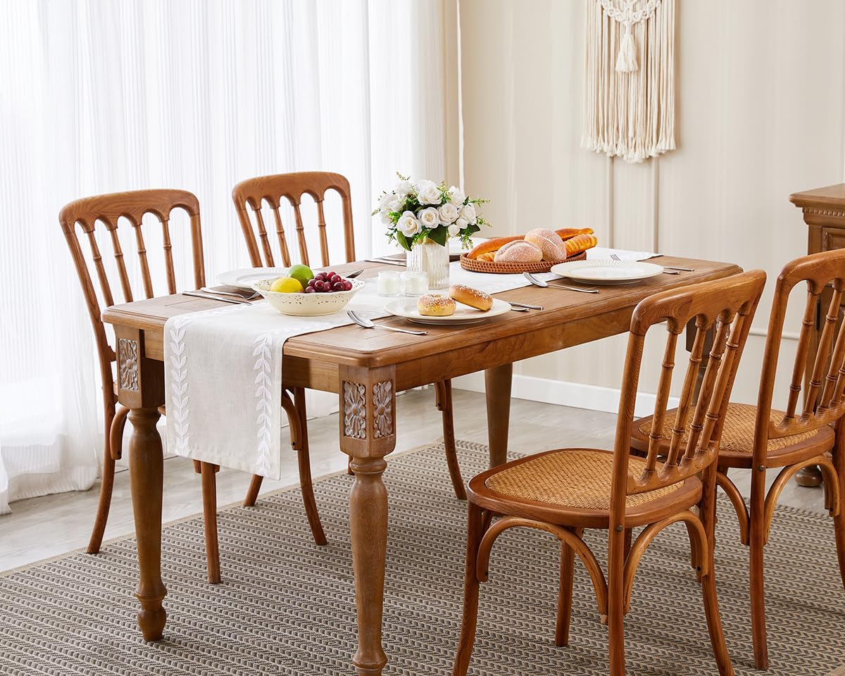Wracra Embroidered Table Runner Irregular Willow Leaf Table Runners 60 Inches Long for Dresser Home Dining Table Decor,14 x 60 Inch, White