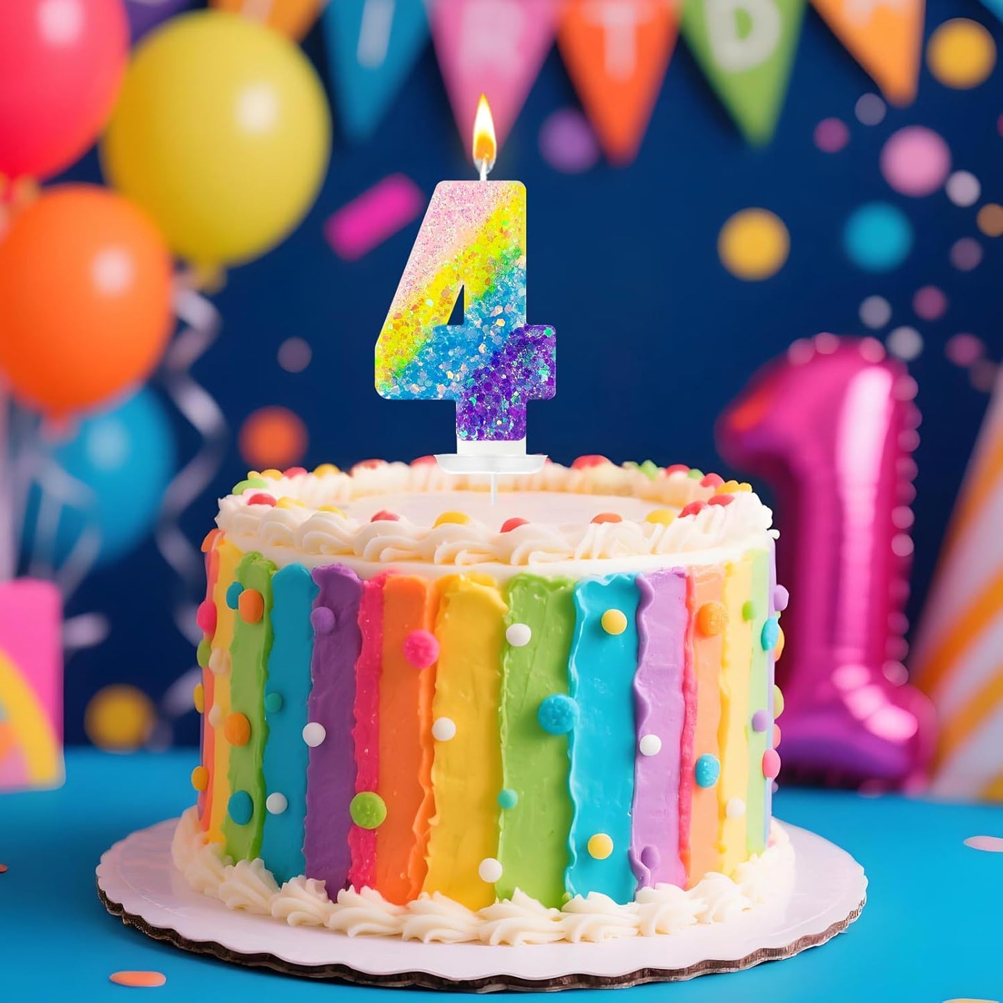 Birthday Candles Pastel Macaron Glitter 3D Rainbow Number Candles for Birthday Cake Girls Women Sweet Theme Birthday Wedding Anniversary Party Cake Decoration (Number 4)