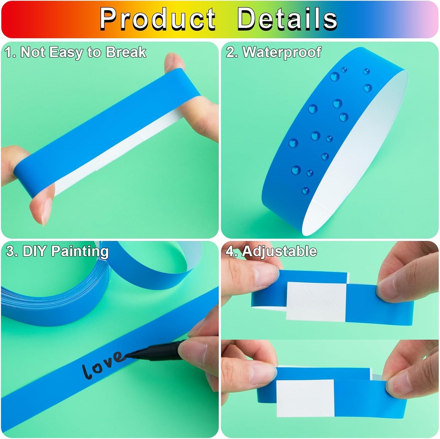 1200 Pcs Plastic Paper Wristbands for Events Neon Color Wrist Bands Concert Identification Wristbands Paper Bracelets Wristbands Party Hand Bands (Blue)