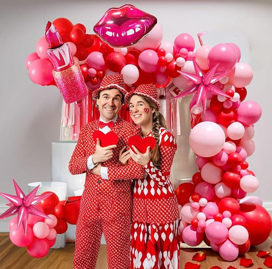 Pink Red Balloon Garland Arch Kit 108 Pcs with Foil Star Lip Balloons for Girl woman birthday Mother's Day Valentine galentines Bridal Shower Engagement Wedding theme party decorations