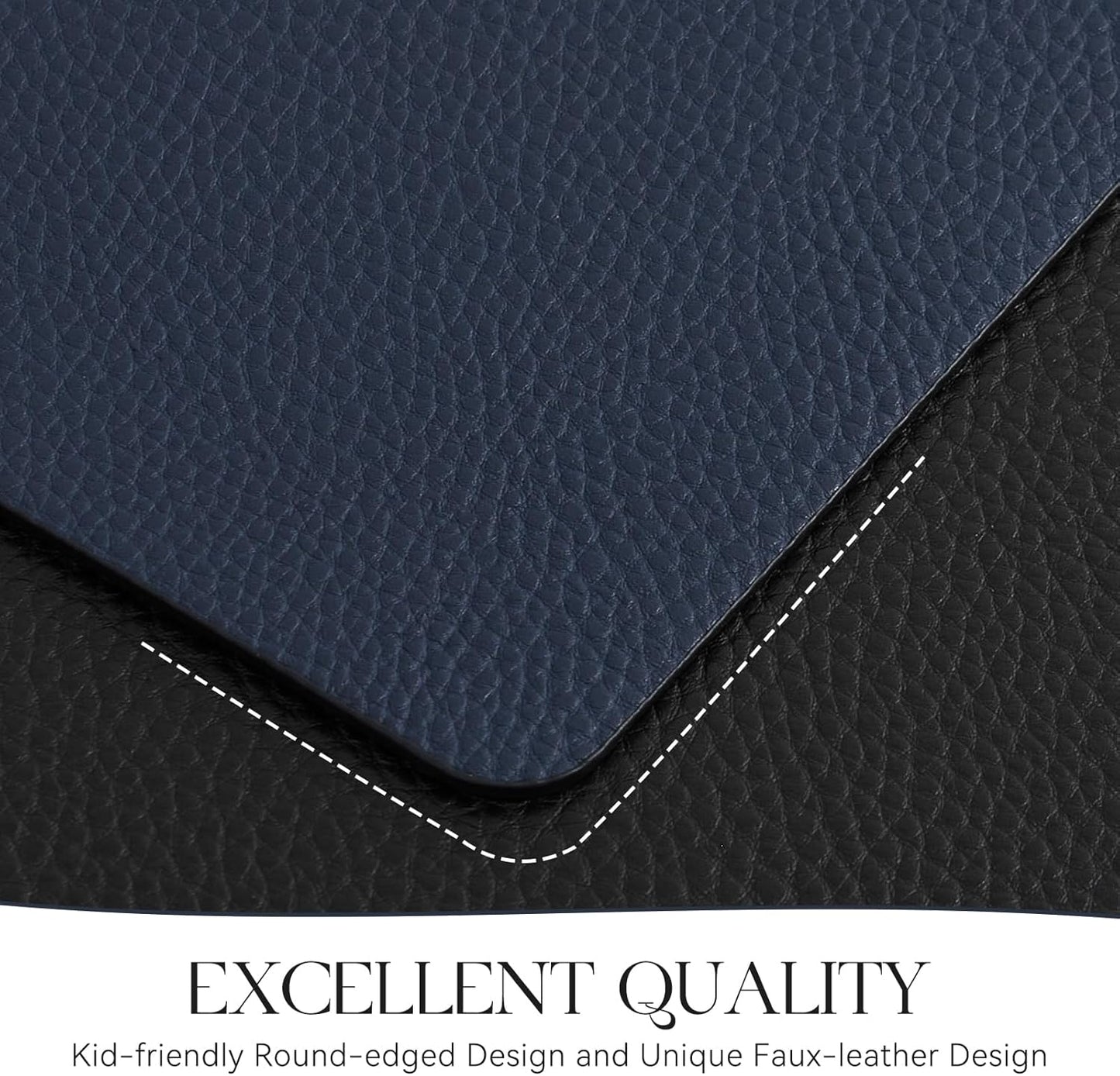 MOSAYT Vinyl Placemats Set of 4, Heat Resistant Place Mats 100% Waterproof Washable & Wipeable Faux Leather Reversible Table Mats for Kitchen Dining Party Indoor Outdoor, 12" x 17", Black/Navy