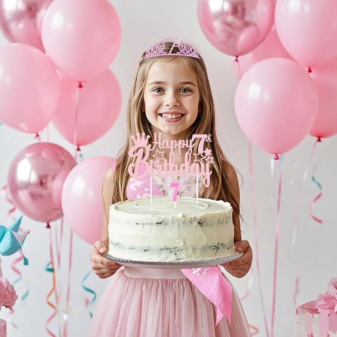 7th Birthday Celebration Set - Pink Crown, Glitter Sash, Number 7 Candle & Cake Topper | Party Decorations Kit