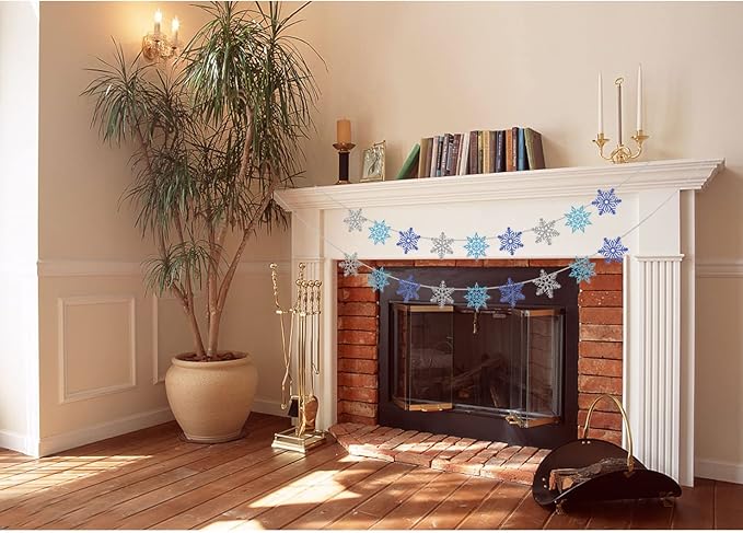 2 Pcs Glitter Snowflake Banner, Snowflake Winter Party Decorations, Snowflake Garland Christmas Party Decorations (Blue&Silver)
