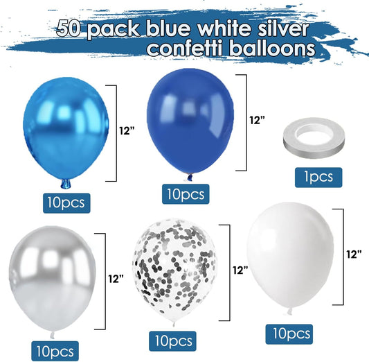 Blue White Silver Confetti Balloons, 50pcs 12 Inch Metallic Blue and Silver Balloons Clear White Confetti Latex Balloons for Birthday Wedding Anniversary Gender Revea Bridal Shower Party Decorations