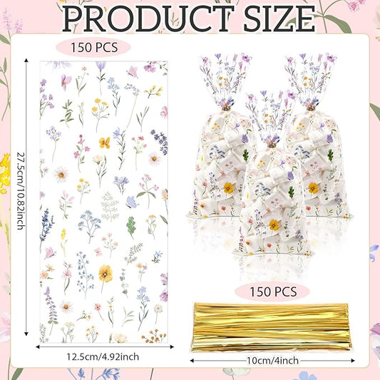 Sanixin 150Pcs Wildflower Party Cellophane Treat Bags Floral Goodie Candy Bags for Baby Shower Mother's Day Wedding Bridal Shower Birthday Party Supplies