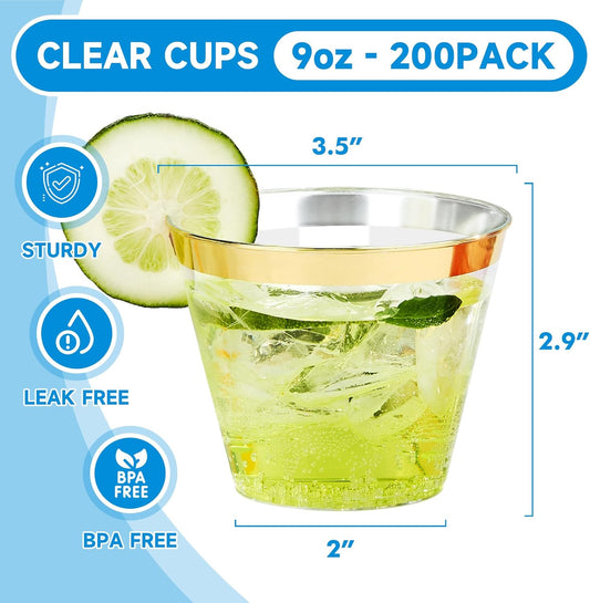 RACETOP 9 oz 200 Pack Plastic Cups with Gold Rim, Disposable Gold Rim Clear Plastic Cups for Parties, Gatherings, Weddings, and Festival Events