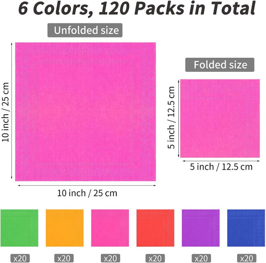 Resinta 120 Pieces Cocktail Napkin Neon Napkins Beverage Luncheon Paper Napkins 2 Ply for Party Favors, 6 Colors