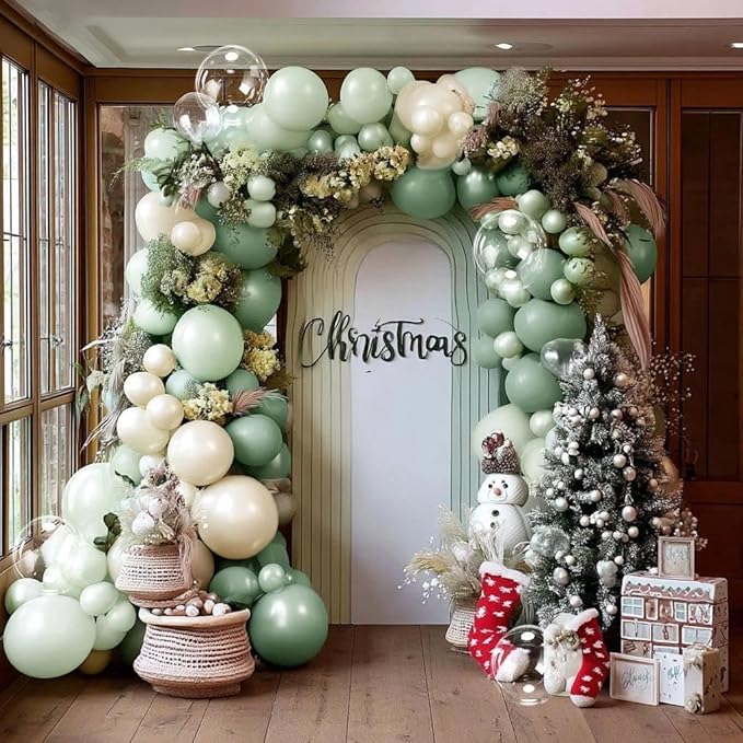 Dusty Green Balloon Arch Kit Double Stuffed,Pearl Light Sage Green White Sand Beige Balloon Garland with Clear Bobo for Bridal Birthday Wedding Baby Shower Graduation Party Decoration