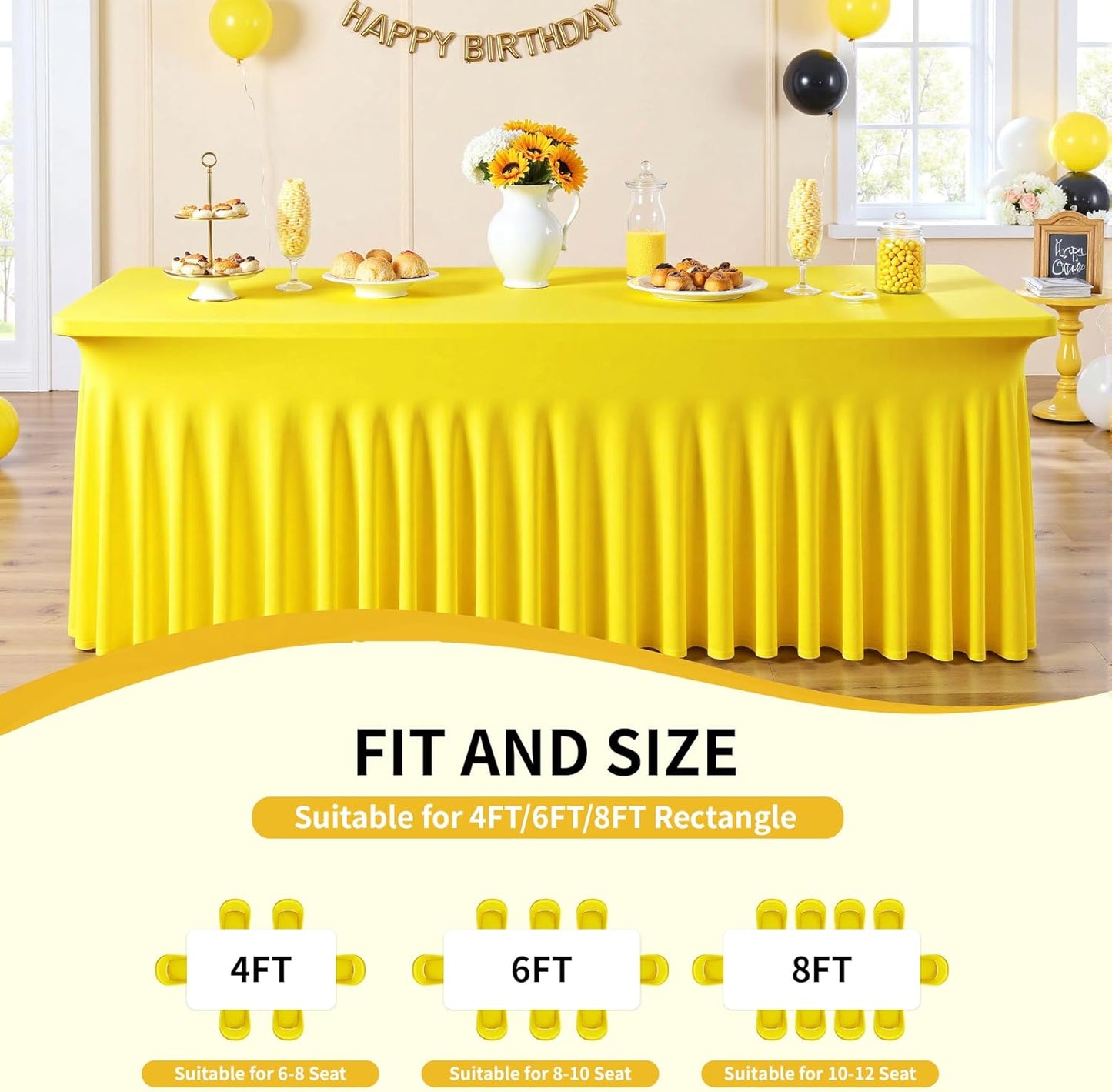 Outpain 6ft Spandex Table Cloth for Standard Folding Tables-6Pack Yellow Table Cloth Table Protector for Party, Wedding, Cocktail, Banquet, Festival
