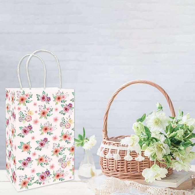Fancy Land Floral Gift Bags with Handles Spring Paper Party Favor Bag for Wedding Birthday Bridal Baby Shower 24 Pack