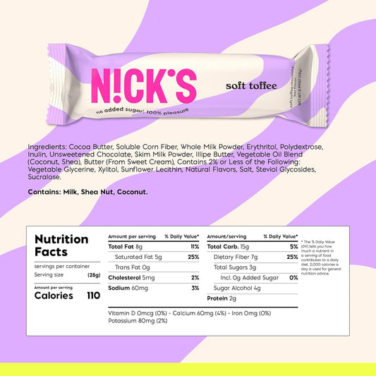 NICKS Soft Toffee Chocolate Bar with Caramel Without Added Sugar,110 Calories, 3.5 Net Carbs, Gluten Free, Low Carb Candy (15x28g)