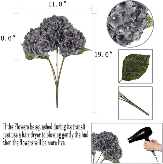 2Bouquets Artificial Fake Flowers Plants Silk Hydrangea Arrangements Wedding Bouquets Decorations Plastic Floral Home Kitchen Garden Party Festival Bar DIY (Gray,5 Flower Heads)