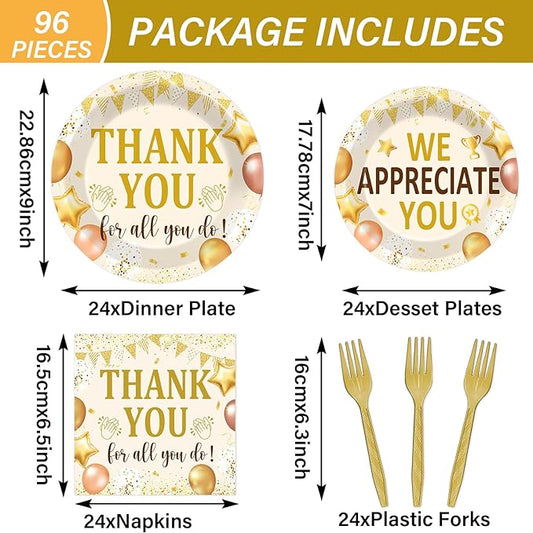 96Pcs We Appreciate You Party Plates and Napkins Employee Staff Appreciation Plates Thank You Theme Party Disposable Thankful Tableware Set for 24 Guests Staff Teacher Doctor Pastor Favors Supplies