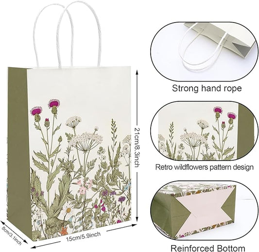 24Pcs Vintage Wildflower Paper Gift Bags Retro Floral Party Favor Bags with Handles Flower Decorative Goodie Candy Treat Bags for Wedding Birthday Baby Shower Party Supplies
