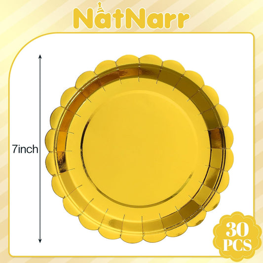 30 Pcs Dessert Plates Disposable, 7 Inch Scalloped Gold Paper Plates Small Cake Appetizer Birthday Plate Fancy Gold Party Plate for Wedding, Birthday, Holiday
