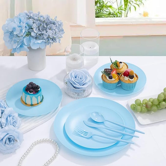 EI 150pcs Blue Plastic Plates Disposable Light Blue Baby Shower Plates Heavy Duty Dinnerware Set Plastic Silverware for Party,Wedding,Easter,Spring Afternoon Tea