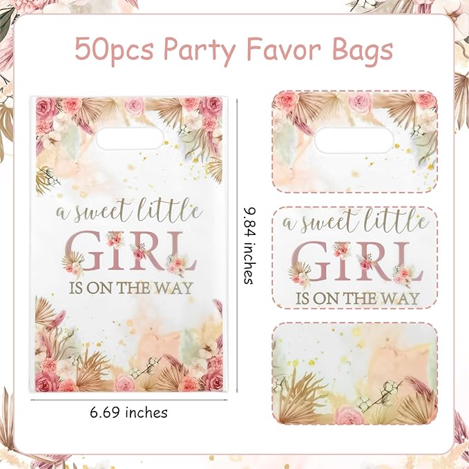 Serencatcher 50Pcs Boho Pampas Grass Baby Shower Party Favor Bags, Pampas Grass A Sweet Little Girl Is On The Way Gift Bags with Handles Plastic Treats Goodie Bag for It's a Girl Baby Shower Decorations Party Supplies