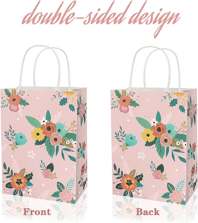 Konsait 16 Pack Floral Gift Bags, Pink and Blue Wildflower Goodie Bags with Handle, Paper Flower Bag for Birthday Anniversary Mothers Day Gathering Greeting and More