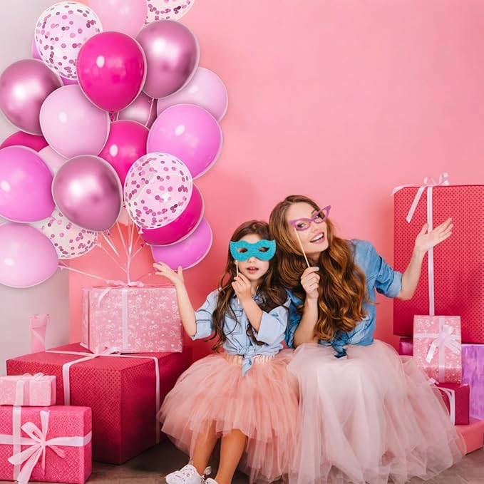68Pcs Pink Balloons Kit 12 Inch Metallic Pink Balloon, Pink Confetti Balloon and Baby Pink Party Balloons with Ribbons for Birthday, Wedding, Baby Shower, Graduation Decorations.