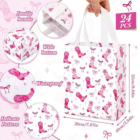 Supervitae 24 Pack Pink Cowgirl Gift Bags Medium Western Cowgirl Theme Party Decoration Supplies Reusable Non Woven Totes for Rodeo Birthday Themed Supplies Favor(9.8" x 7.9" x 3.9")