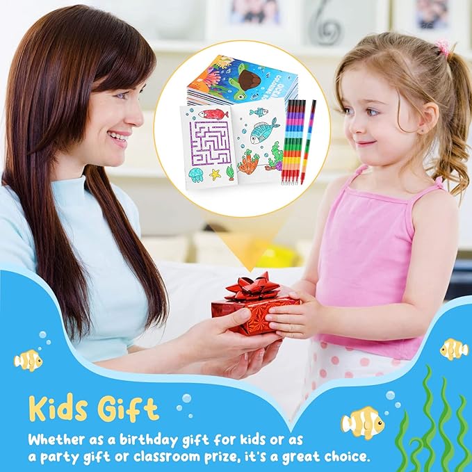 BenLouis 24 Under the Sea Mini Coloring Books Kids with 24 Stacking Crayons Ocean Animals Party Favors Activity Books Bulk for Kids Sea Fish Birthday Goodie Bag Gift Stuffer Classroom Reward