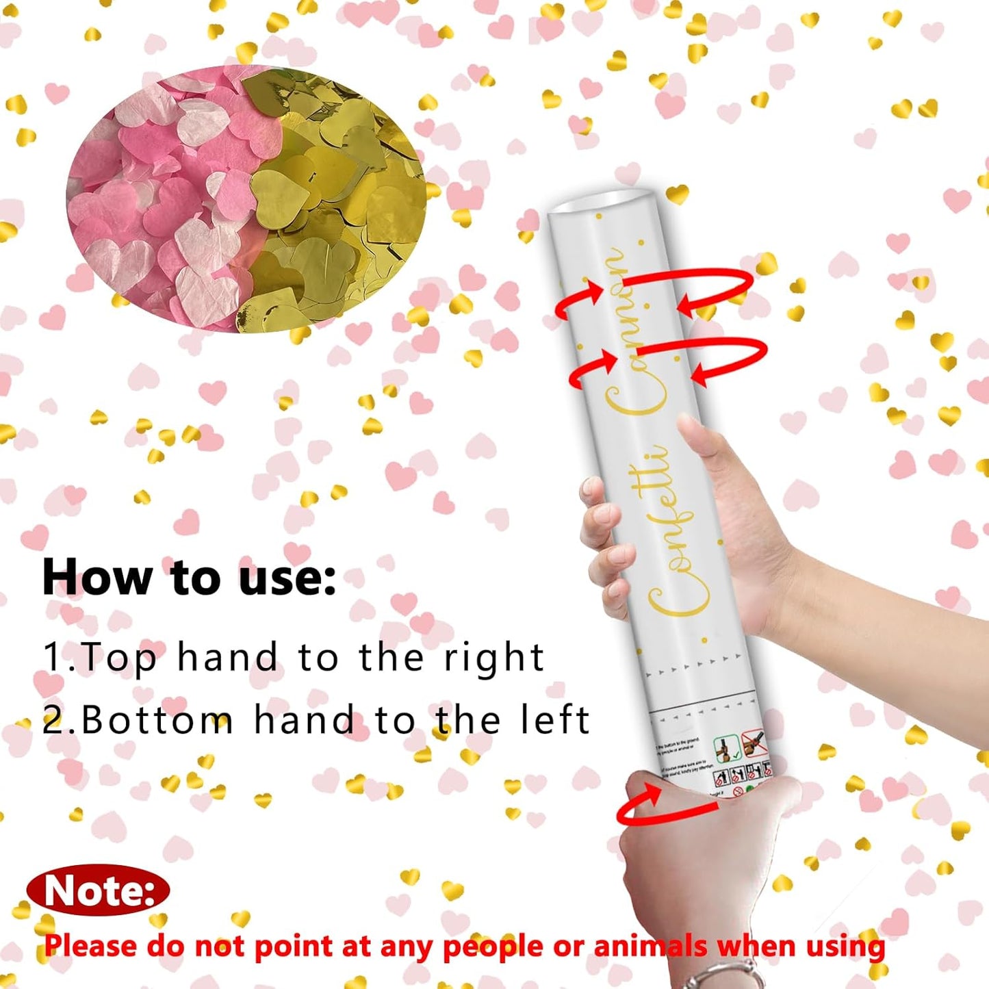 12" Confetti Cannons with Pink & Gold Heart Filling - Party Poppers for Gender Reveal Baby Shower Bridal Shower Valentine Wedding Anniversary - Easy to Use - Pack of 2
