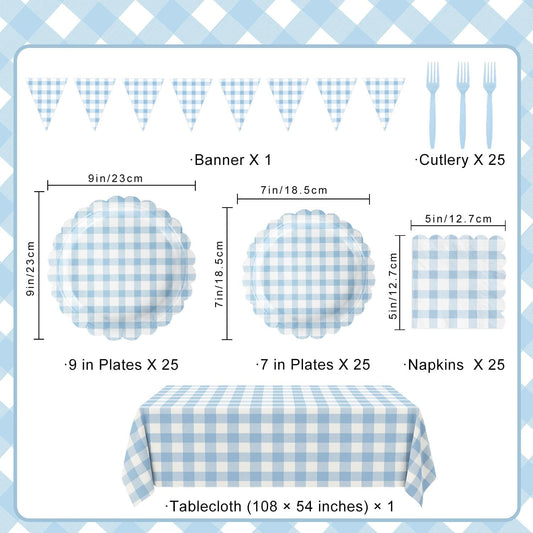 102 PCS Light Blue Gingham Party Supplies - Scalloped Plates, Napkins, Cups, Forks, Banner, Tablecloth for Baby Shower, Wedding, Birthday, Serves 25