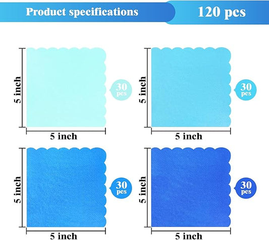 120PCS Dusty Blue Cocktail Party Napkins,Gradient Blue Scalloped Beverage Dessert Paper Napkin for Birthday Wedding